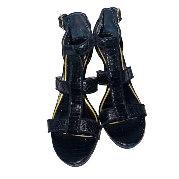 Lauren Ralph Lauren Black Crocodile Embossed Strappy Heels With Gold Buckle 6 - Picture 3 of 11